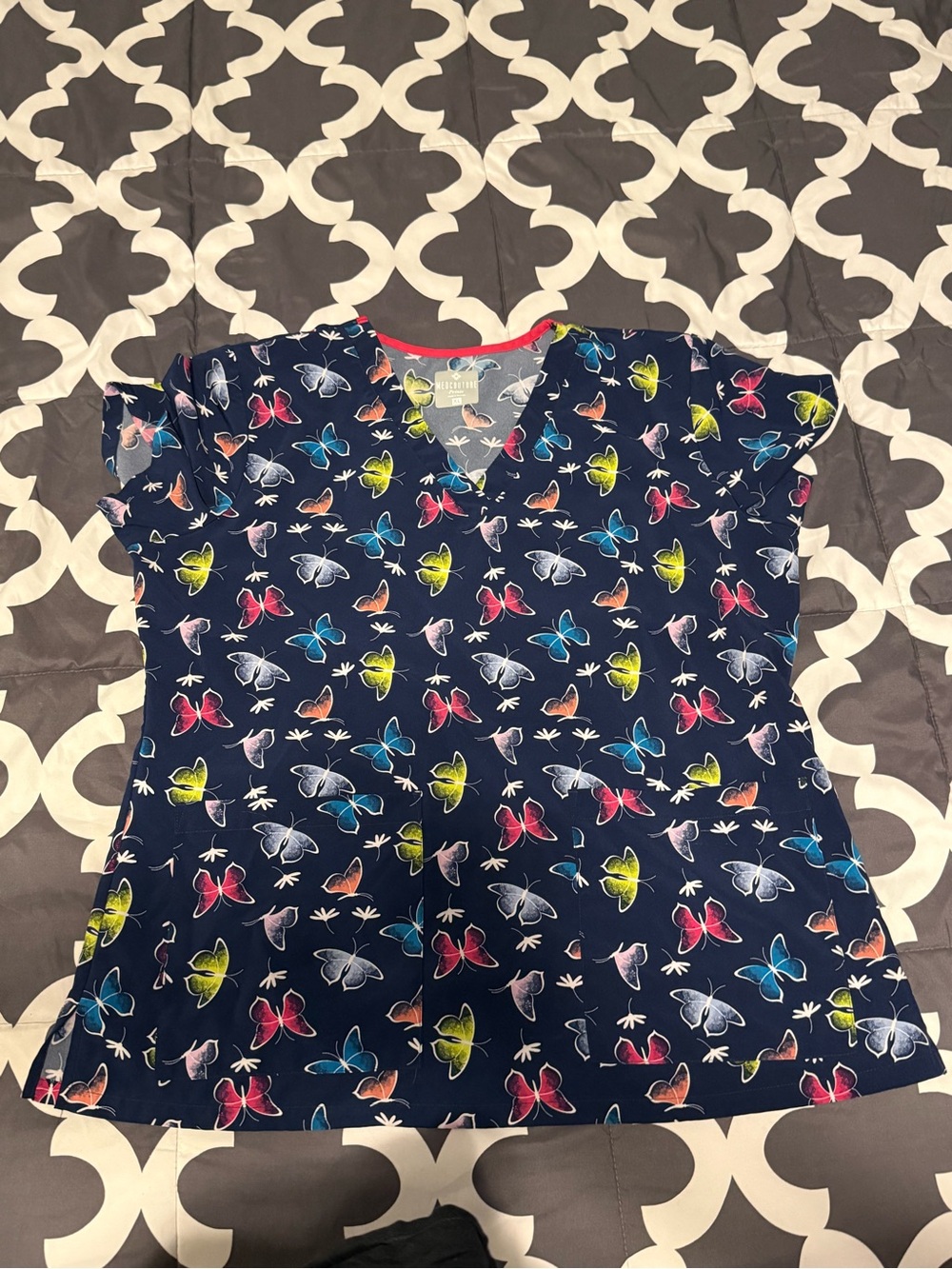 Med Couture Navy Multicolor Butterfly Print Scrub Top